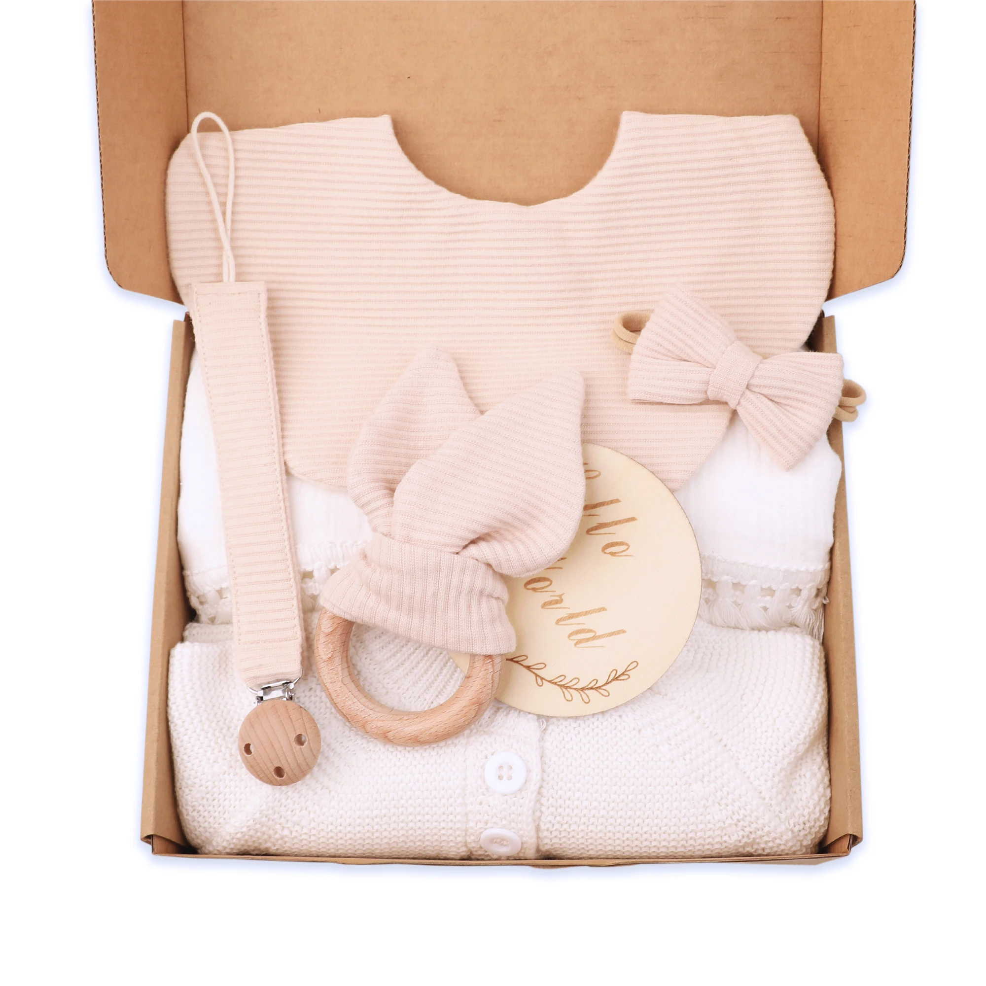 2024 Newborn Gift Set Baby Tassels Blanket Pacifier Chain Crochet Baby Jumpsuit Flora Bibs Rabbit Teether  Birth Gift Box