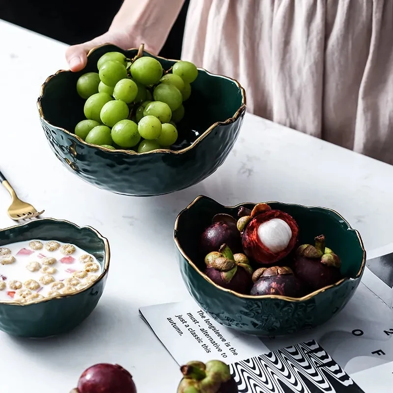 Restaurant home goods luxury tableware gold rim green ceramic mixing bowls large irregular salad fruit bowl set