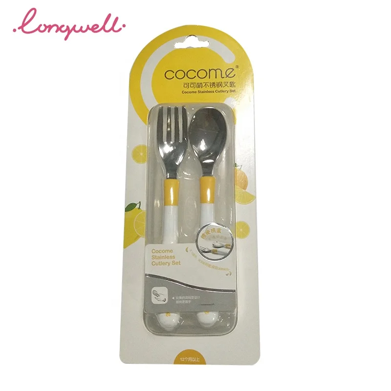 Ningbo Longwell Custom Factory Stainless Steel Spoon With Plastic Handle Cutlery Box Set Kids Spoon And Fork Set Stainless Steel