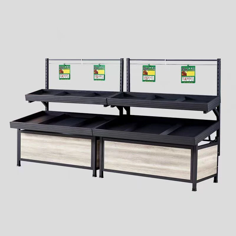 Wooden color fruit vegetable display rack for supermarket