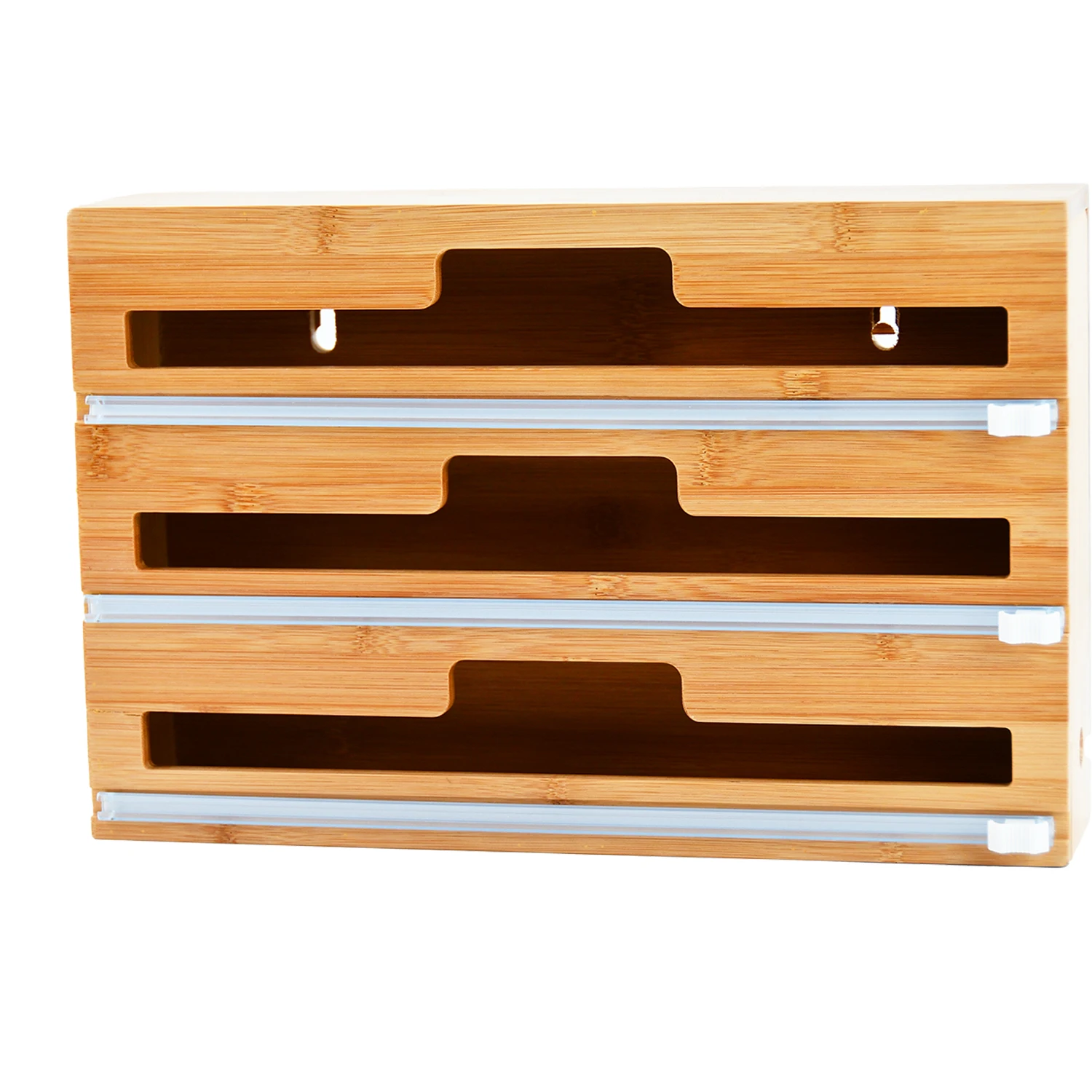 Bamboo Cling Wrap Dispenser with Cutter 3-in-1 Plastic Wrap, Wax Paper, Aluminum Foil Dispenser Organization and Storage