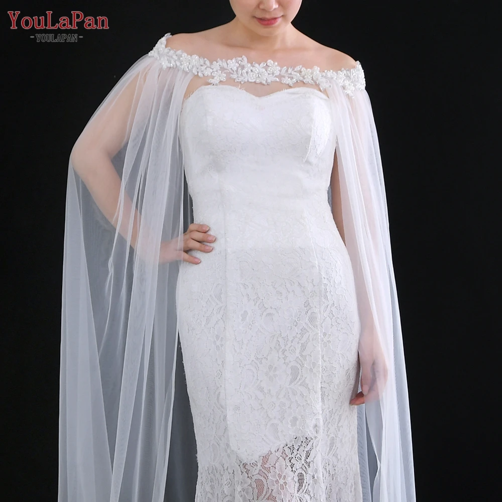 YouLaPan VG26 Long 3M Cathedral Wedding Bridal Shawl Beaded Trim Tulle Shoulder Cap Women Evening Dress Wrap Cape