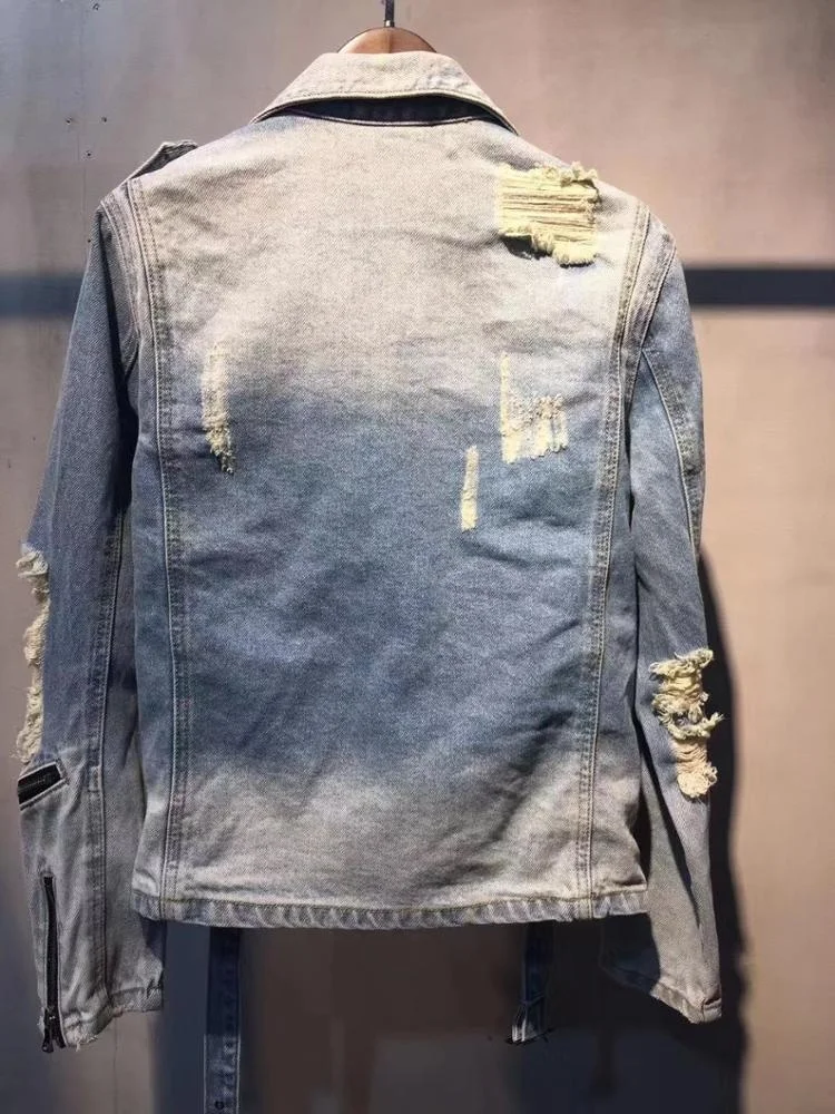 OEM private label men custom stock dropshipping  black biker distressed mens denim jacket