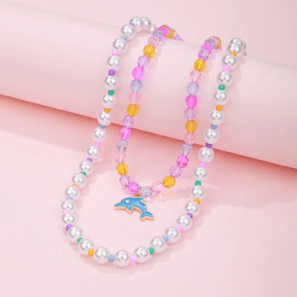Simple Colorful Crystal Handmade Beaded Necklace Fashion Dolphin Rainbow Pendant Double Layer Necklace