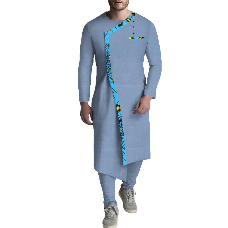 wyn1057 High Quality Printed Two Piece Set African Clothing Men Long Sleeve Blouse Men African Clothes
