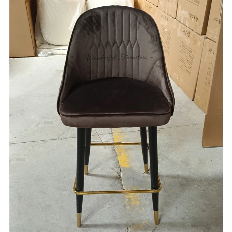 Popular Breakfast Bar Stools Velvet High Chair Iron Leg Gold Corner Custom China Black Color Bar Stool