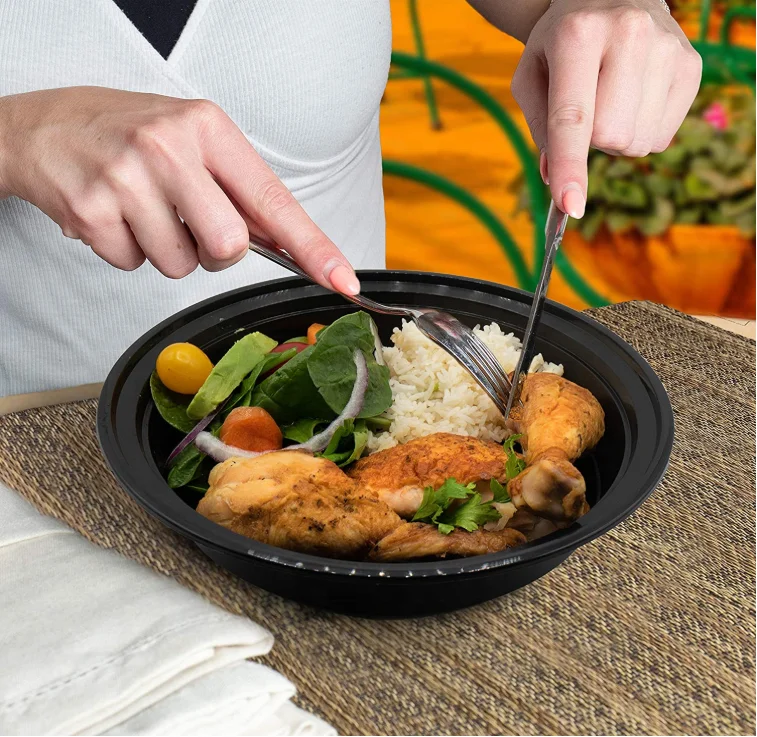 Heavy duty black plastic takeout bowls microwave safe fruit bowl take away plastic food packaging bowl 32oz