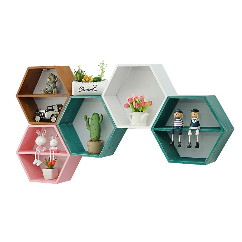 Triangular Home Decor Geometric Hanging Storage Shelf Wooden Metal Iron Art Fhexagonal Floating Shelves Wall Mounted Set of 6/