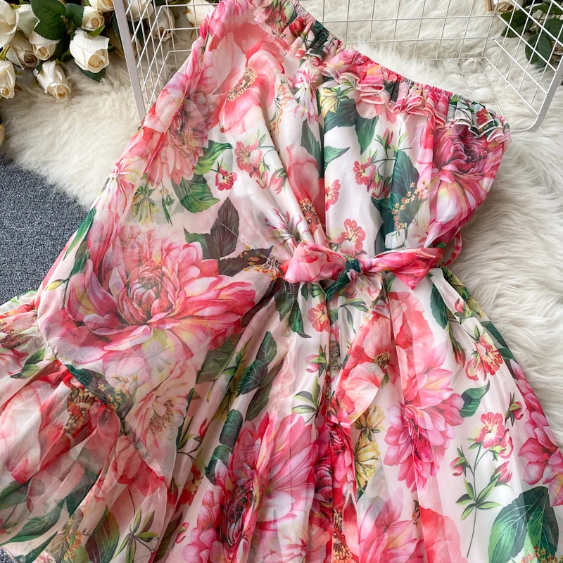 New arrival Summer Boho Floral Dress Chiffon Women Floral Maxi Dresses Summer One Shoulder Chiffon Korean Dress Floral
