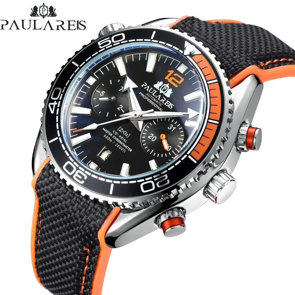 
PAULAREIS Automatic Mechanical Watch Chronograph Wristwatch Men Fashion Wristwatches Canvas Strap 