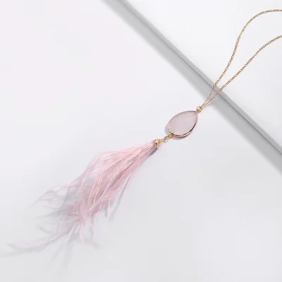
New Fashion Natural Edge Stone Pendant Long Tassel Fringe Pendant Gold Metal Chain Tassel Long Necklace 