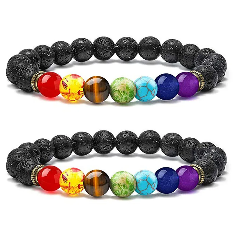 Men Handmade Yoga Chakra Bracelet 8mm 7 Chakra Bead Natural Volcanic Stone Bracelet