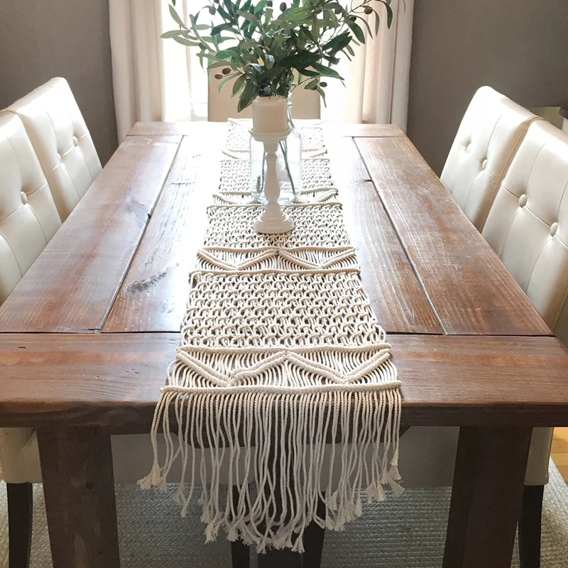 Lufu Customized Size European White Cotton Christmas Macrame Table Runner Boho Style Table Runner For Wedding