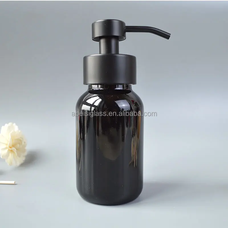 Bathroom Liquid Soap Bottle Amber Black Glass Foaming Dispenser 8oz 250ml with Black Pump