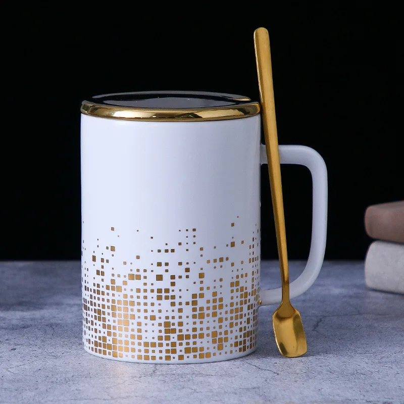 15OZ China Manufacturer Promotional Golden Square Speckles Spots Ceramic Mugs Black Coffee Mug With Golden Lid