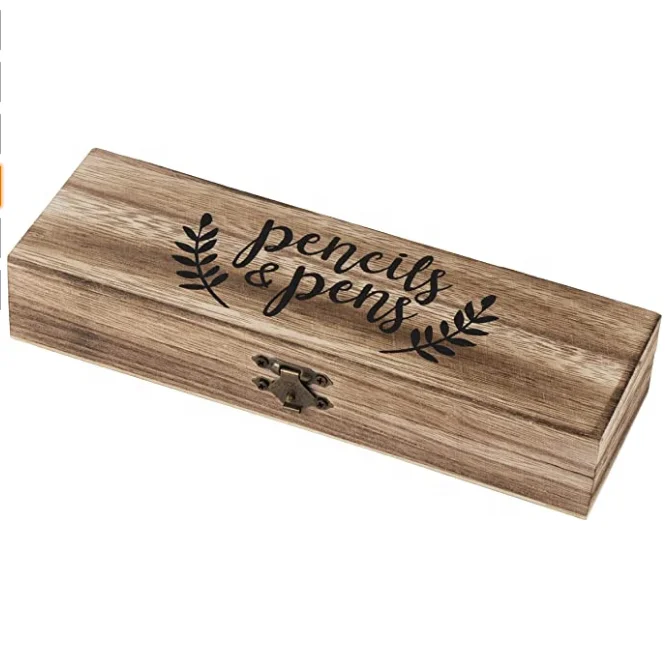 Wooden Pencil Case 2-Pack Wood Pen Pencil Box Rustic Desk Organizer Hinged Lid with Clasp Closure