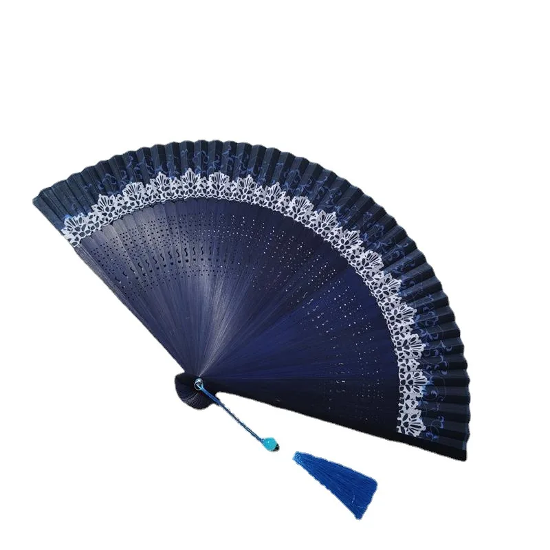 Hot Sale New Chinese Style High Quality Foldable Silk and Lace Bamboo Tassel Handfan Nice Sex Lace Hand Fan for Wedding Gift