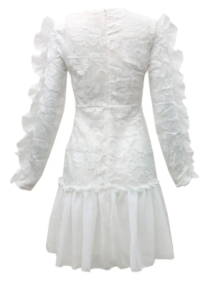 Hot Item Women Ruffled Long Sleeves Elegant Embroidery Mesh Chiffon Sexy Mini Dress For Autumn