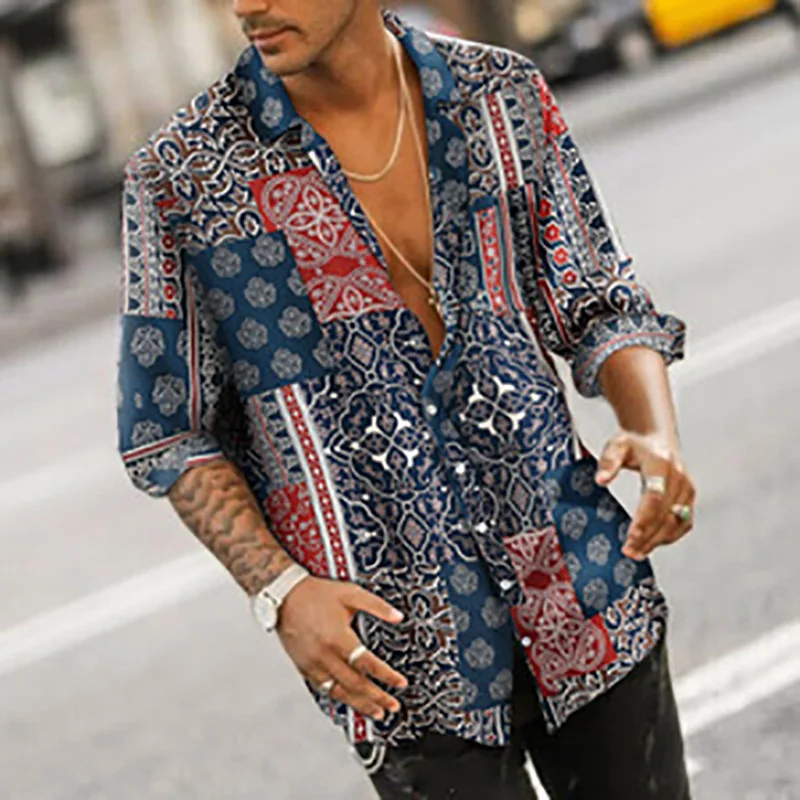 Повседневная мужская рубашка с длинным рукавом в европейском стиле приталенная хлопковая цветочным