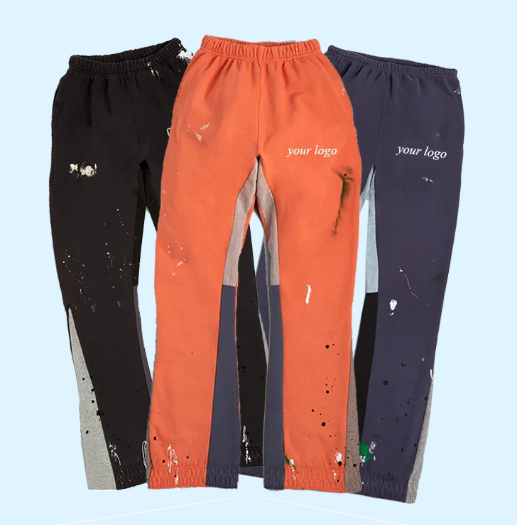 huili factory oem flare sweatpants jogger no strings men baggy wide leg sweatpants custom splash paint stacked flared sweatpants