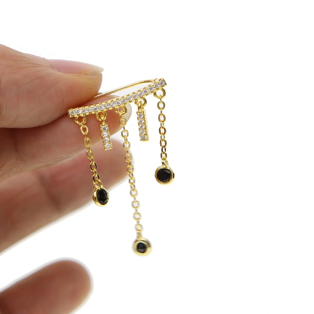 top selling fashion elegant jewelry factory wholesale 18k gold black cz tassel chain fashion earring