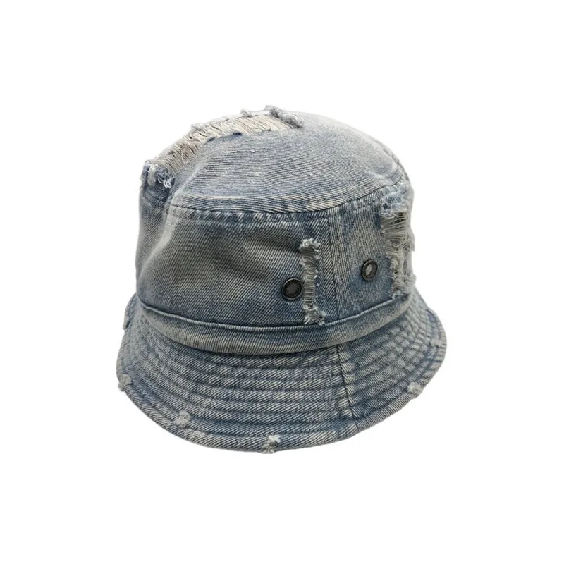 Japanese-Style Distressed Denim Korean Versatile Ripped Wide-Brimmed Hat for Men and Women Hip-Hop Streetwear Sun Protection Fis