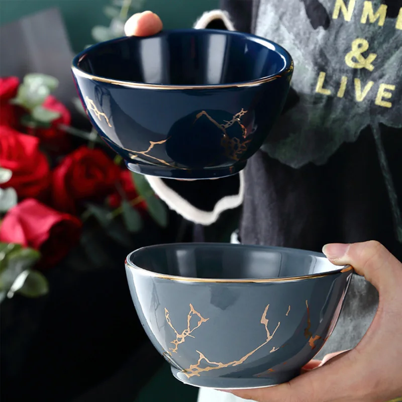 Wholesale Luxury Marbled Ceramic Nordic Style Tableware Bowls Dinner Plate With Gold Rim