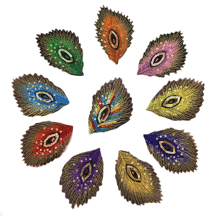 Iron on peacock featierh design embroidery patches  10 color 4 inch gold thread with sequin embroidered applique