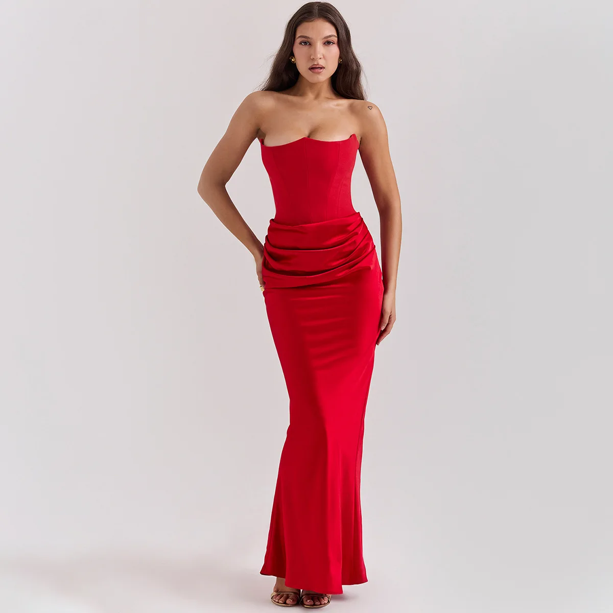New Strapless Fishbone Slim Fit Backless Long Dress  High-end Velvet Black Buttocks Wrapped Evening Dress