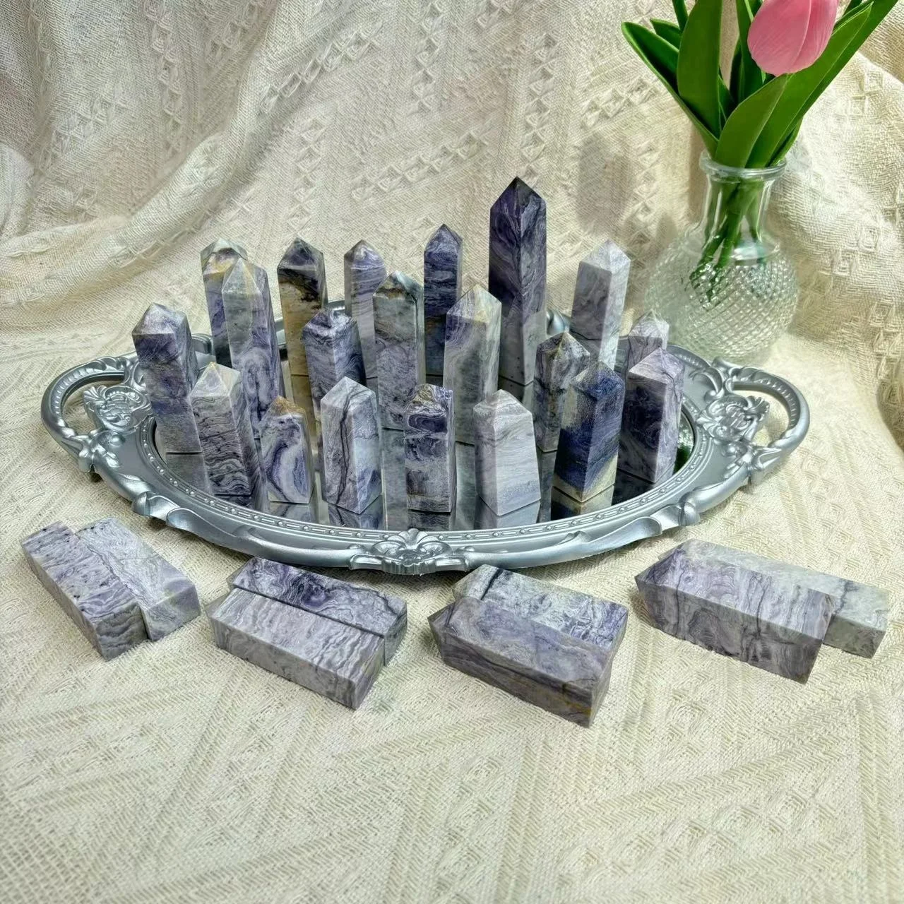 Hot Sale Natural Malachite Stones Tower Shape Malachite Point Violet Malachite Tower For Collection