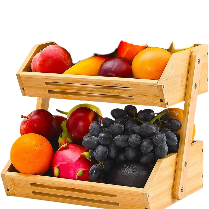 Folding 3-Tier Bamboo Fruit Basket Hanging Kitchen Counter Organizer for Fruit Vegetable Storage for Kitchen Countertop Use