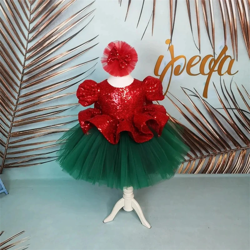 Customized 2024 Christmas Children Party Frock Dress Red Green Princess Dresses Girls Elegant Ball Gown For Christmas Party