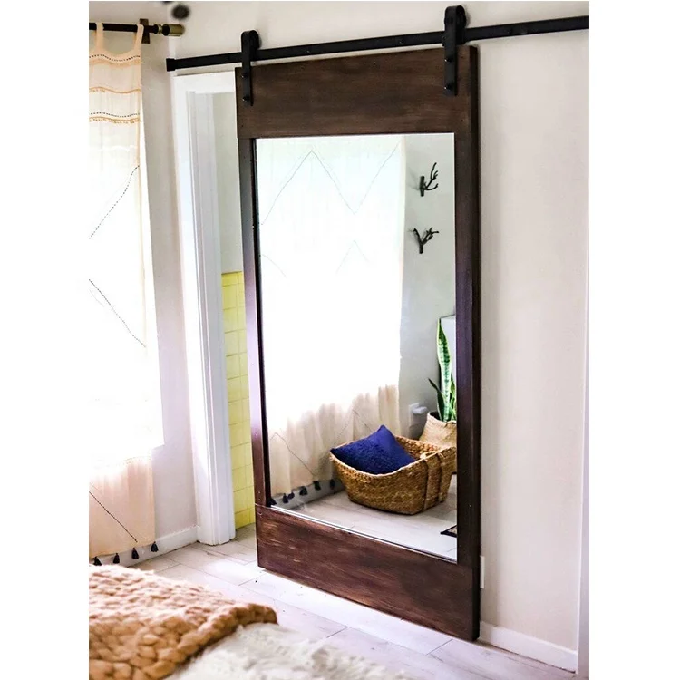Elegant Mirror Wood Door Grey Painted Interior Bedroom Sliding Mirrored Barn Door With Hardware