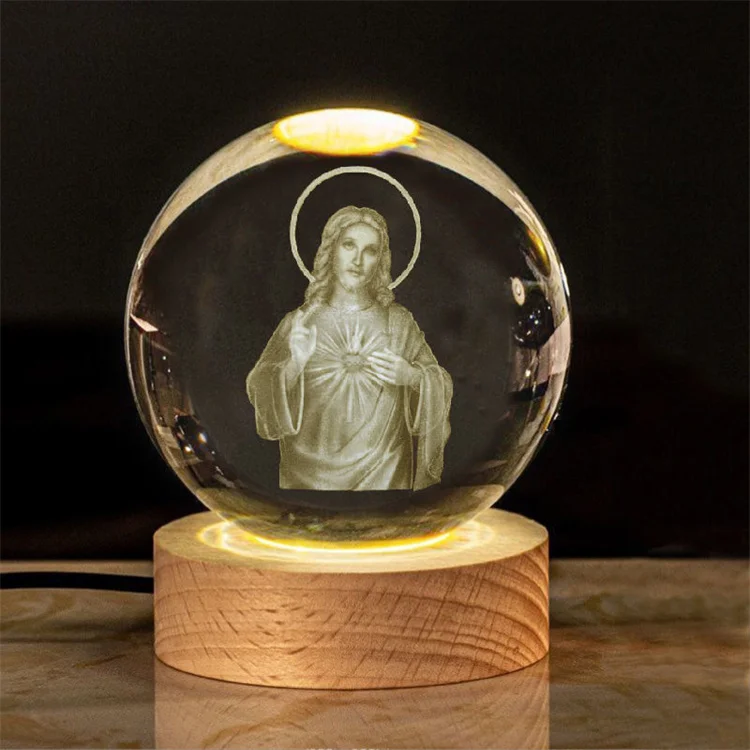 religious Saint Jesus Statue Laser Engraving Crystal ball Night Light Jesus Led Lighting Children Gifts