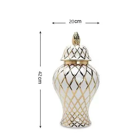 Home Decor Custom Wholesale Glazed White Electroplated Line Golden Ceramic Ginger Jar Flower Vase With Lid