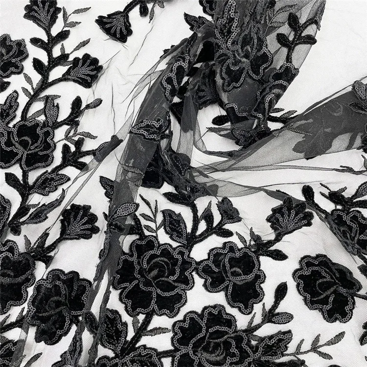 Professional manufacturer sequins Lace 2021 Mesh 3D Embroidered Applique Flower Embroidery Tulle Fabric