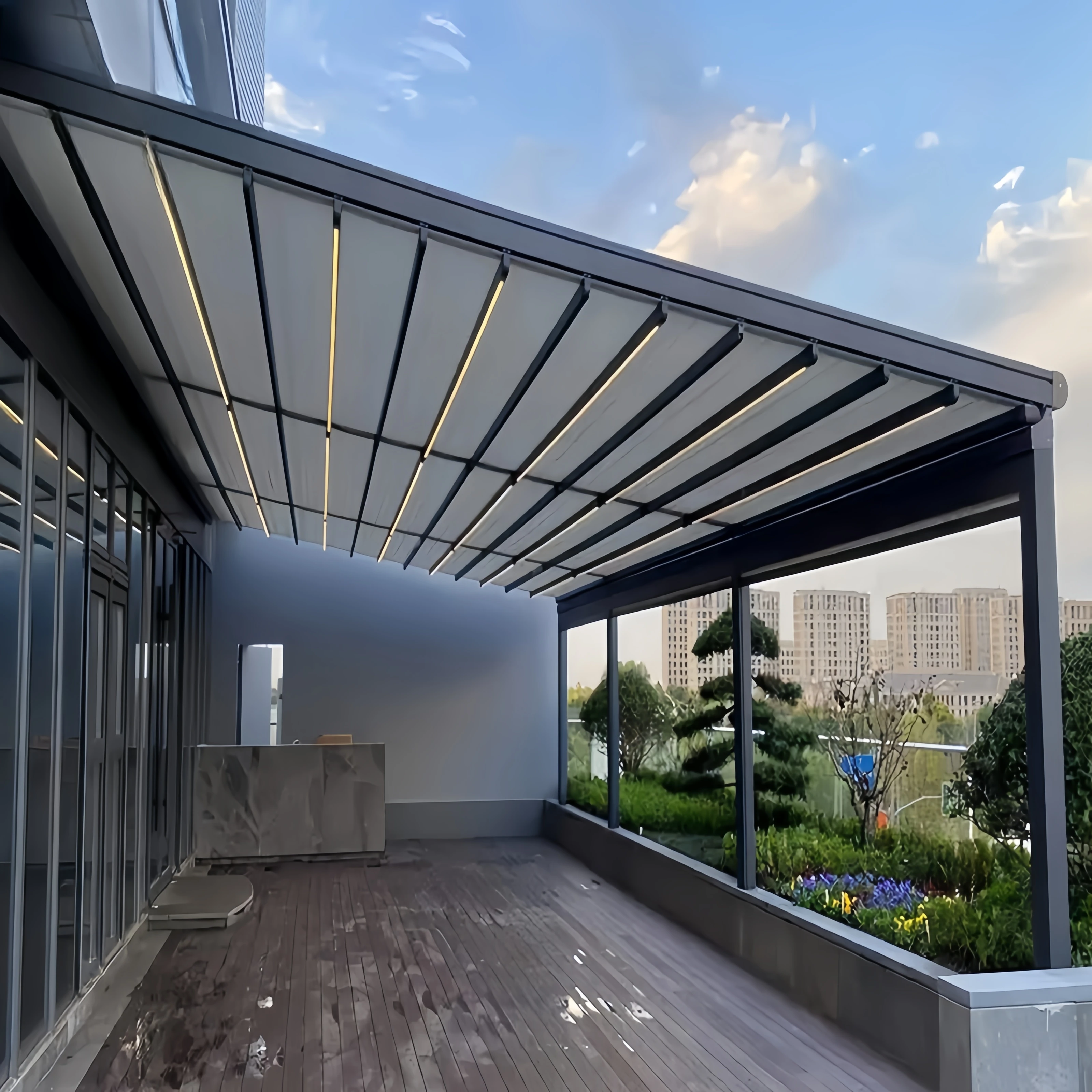 custom PVC roof folding shade canopy electric aluminum retractable outdoor pergolas motorized sun canopy awning with LED light