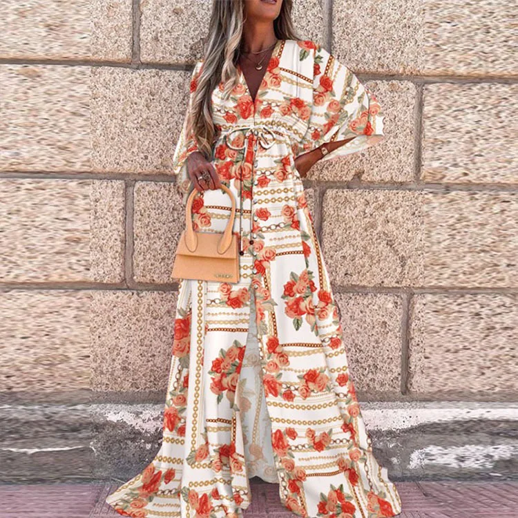 2022 new Vestido Long Sleeve ladies Loose peplum women fashion elegant chiffon Floral Boho Beach clothing Maxi Casual dress