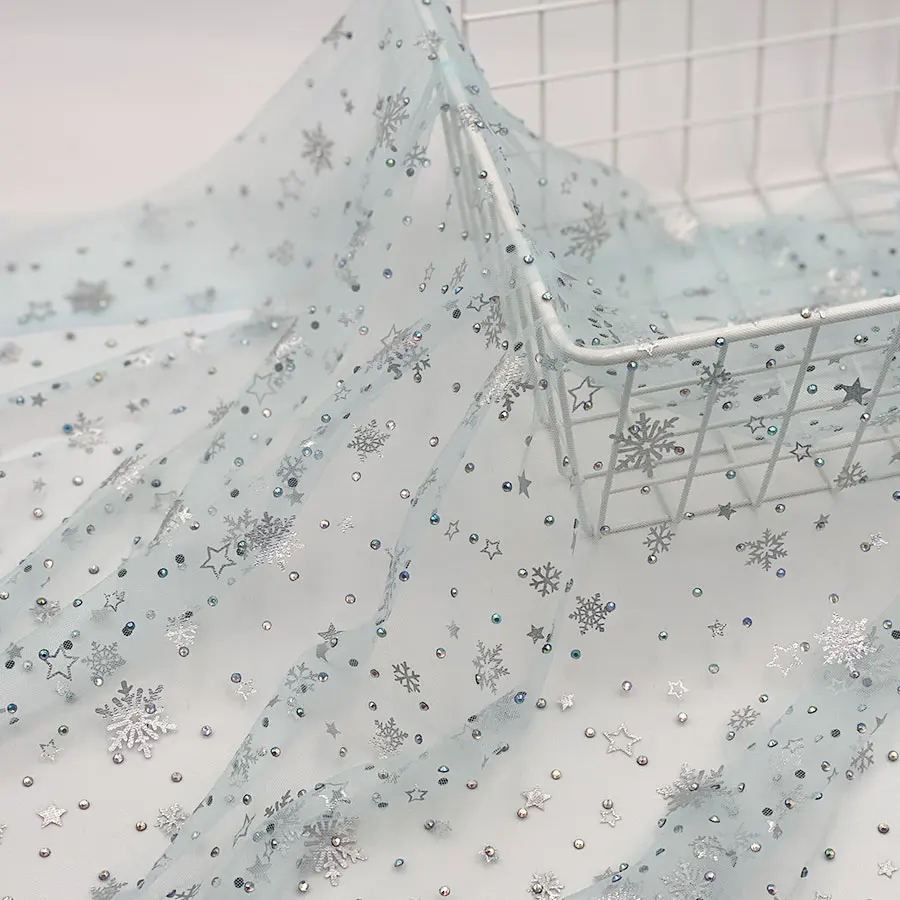 New Arrival kids elsa princess dress decorate cloth fancy glitter tulle snow printing mesh foil fabric with rhinestone