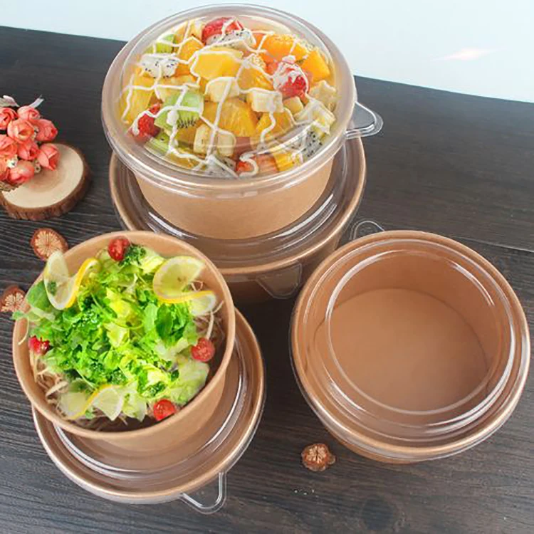 Custom printed 32 oz eco kraft to go take away food soup salad packaging disposable noodle takeaway craft paper bowls with lid