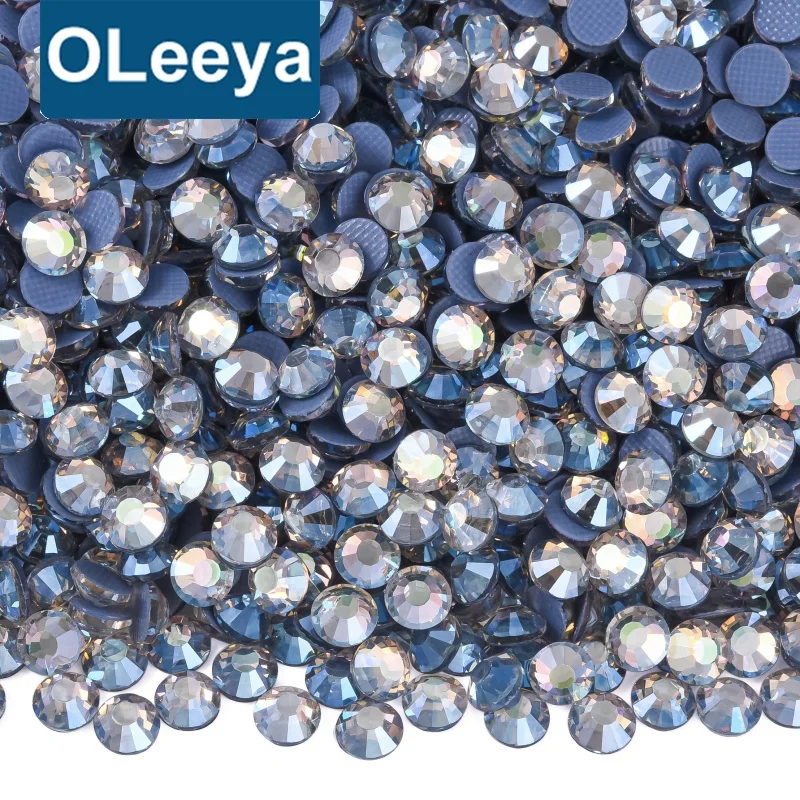 OLeeya Wholesale Free Samples Glass Hot fix Crystals Metallic Moonlight hot fix SS6-SS30 Iron On Rhinestone For Garment