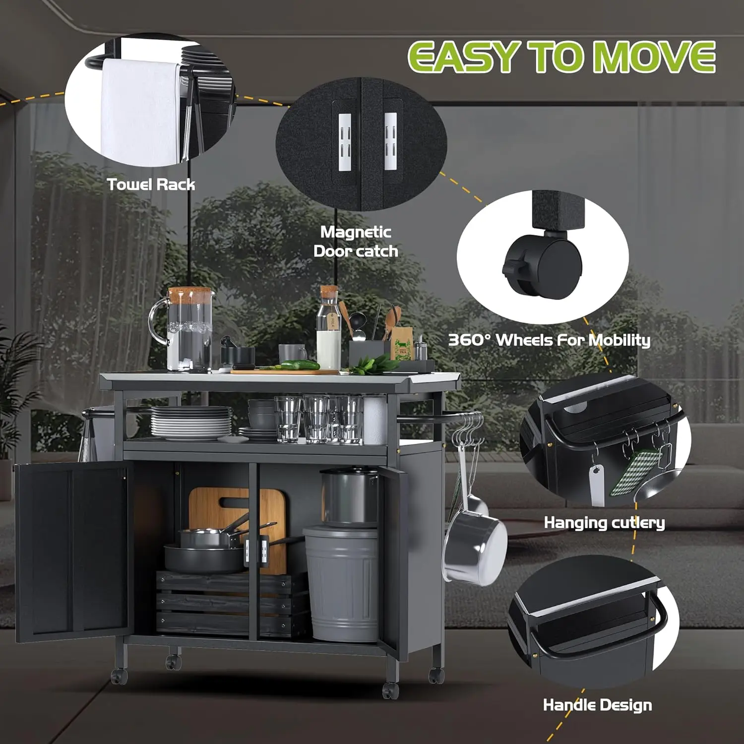 Outdoor Grill Cart with Storage on Wheels Kitchen Island with Microwave Storage  Kitchen Utility Cart on Wheels