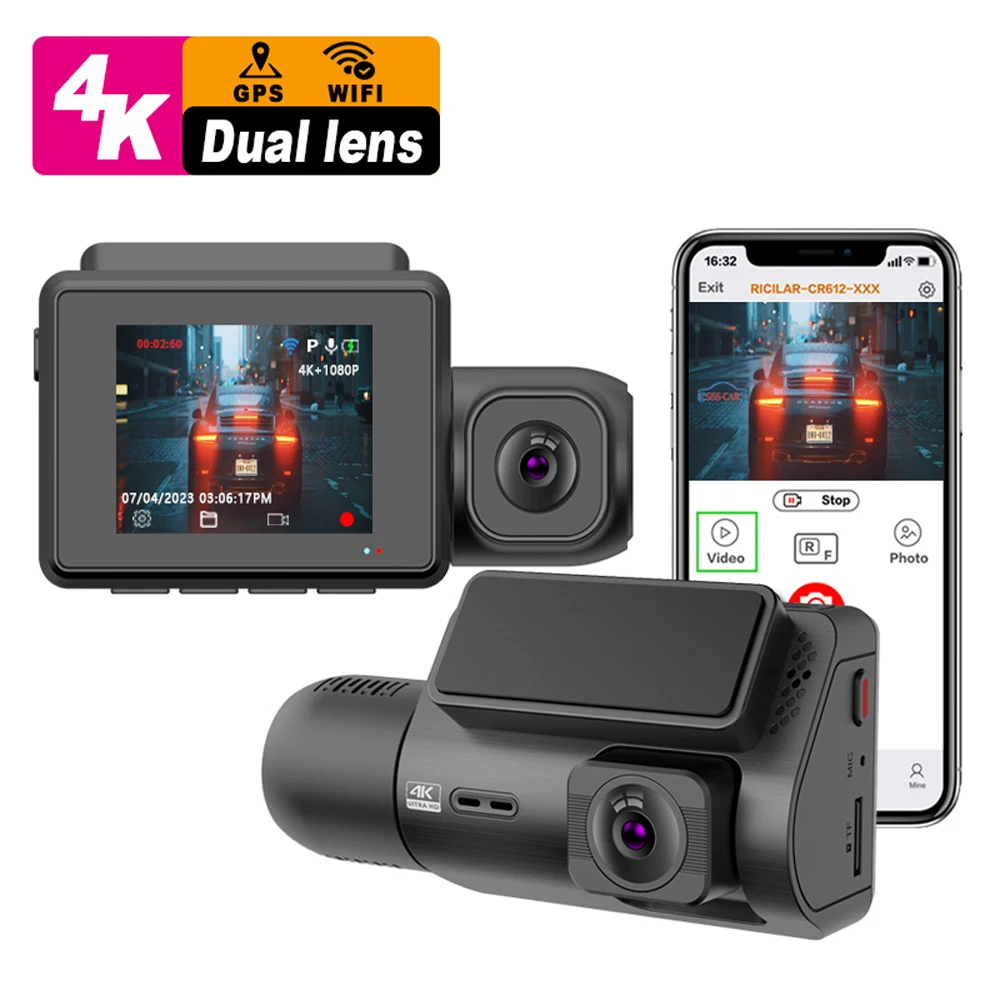 2.0-Inch 4K WiFi GPS Dashcam with Dual Sony Lenses Front & inside Video Recorder Camera Double Camera Dashcam 4K Car Black Box