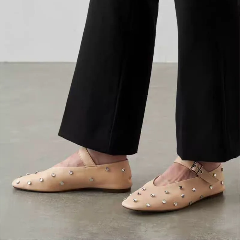 New design diamonds flats ballet casual leather buckle ankle strap shoes for women