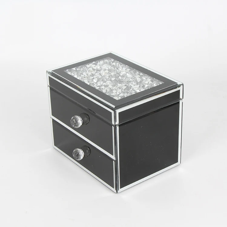 Black Luxury Glass Jewelry Box with Clear Stone Custom-Made Wedding Gift Two Layers Drawer Type Similar to a Photo Frame