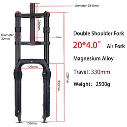 Double Shoulder Qr Beach Snow Bike Fork 26*4.0inch / 20*4.0 inch 130mm Travel Air Suspension MTB E-bike Front Fork