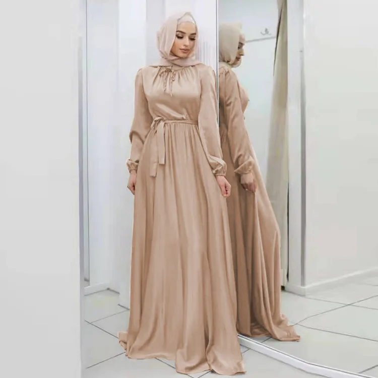 Sweet Style Elegant Gorgeous Abaya Robe Muslim Feminine Satin Swingy Floor-Length Dress for Vacation