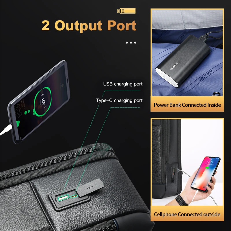 BOPAI wholesale custom printed logo premium office luxury anti theft for men 15.6 inch laptop with usb genuine leather backpacks