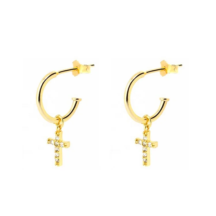 
Minimalist 925 Sterling Silver 14K Gold Plated Small Cross Dangle Charm Huggies Hoop Earrings Jewelry 