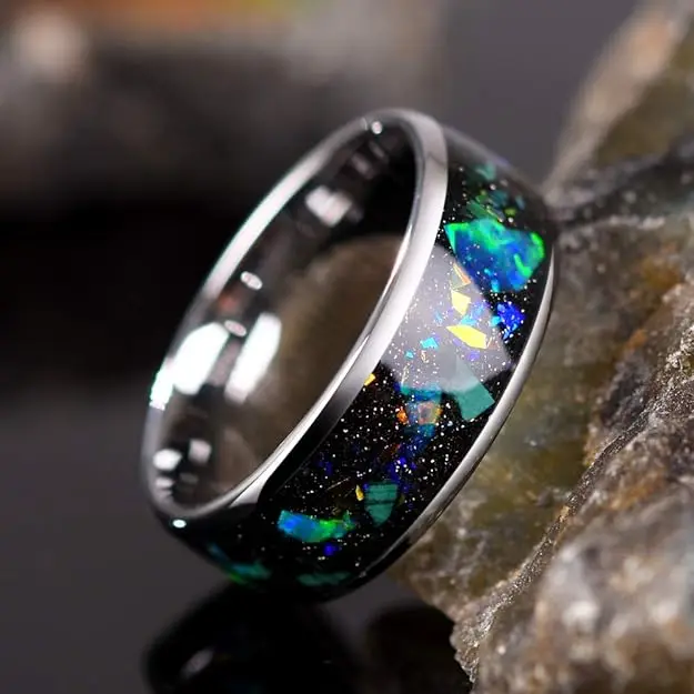 Men Tungsten Galaxy Series Men Ring Inlay Colorful Opal Wedding Band Black men luxury tungsten carbide ring comfort it